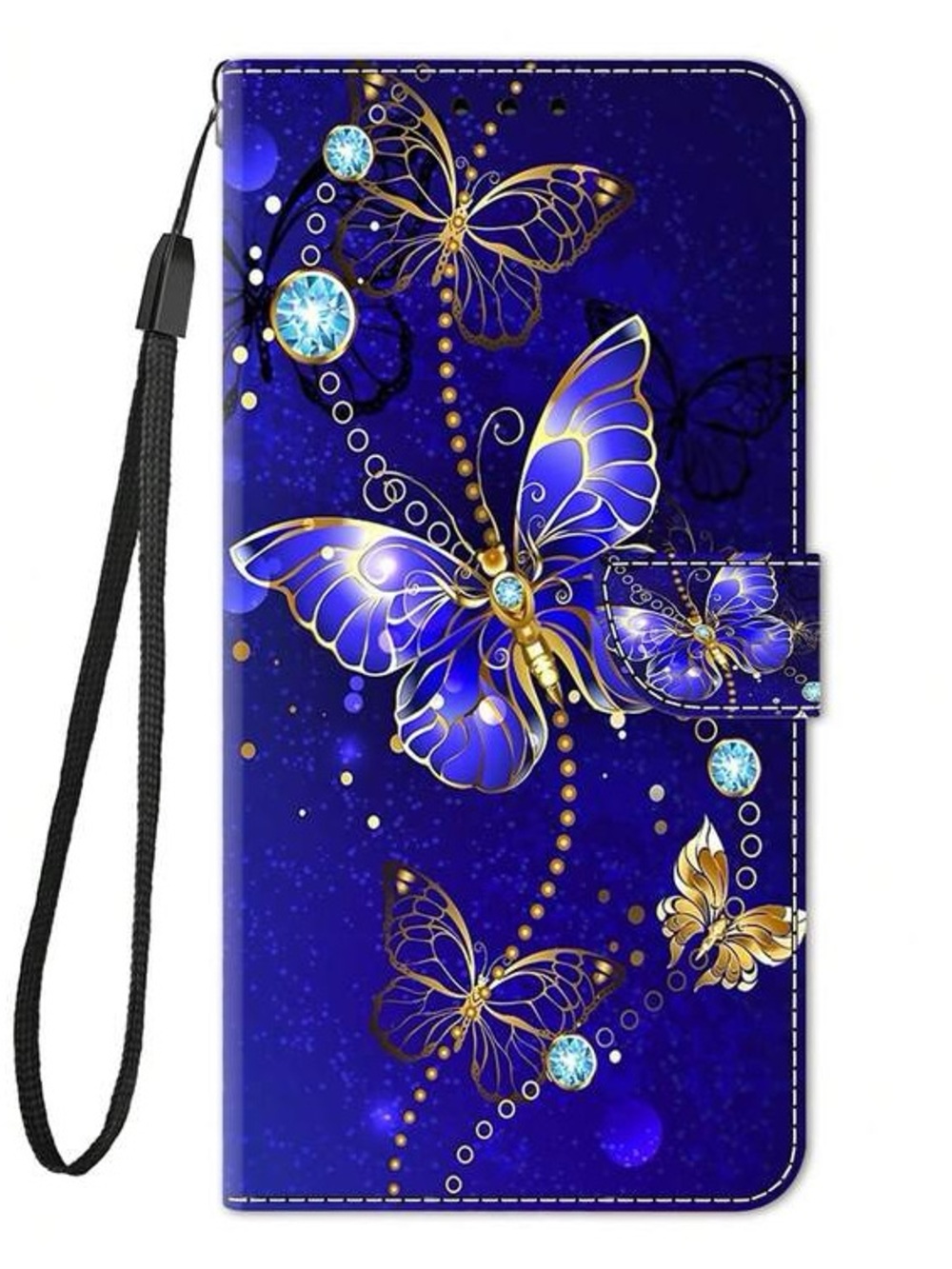 Purple Butterfly Wallet Phone Case with Wrist Strap - Gold Accent